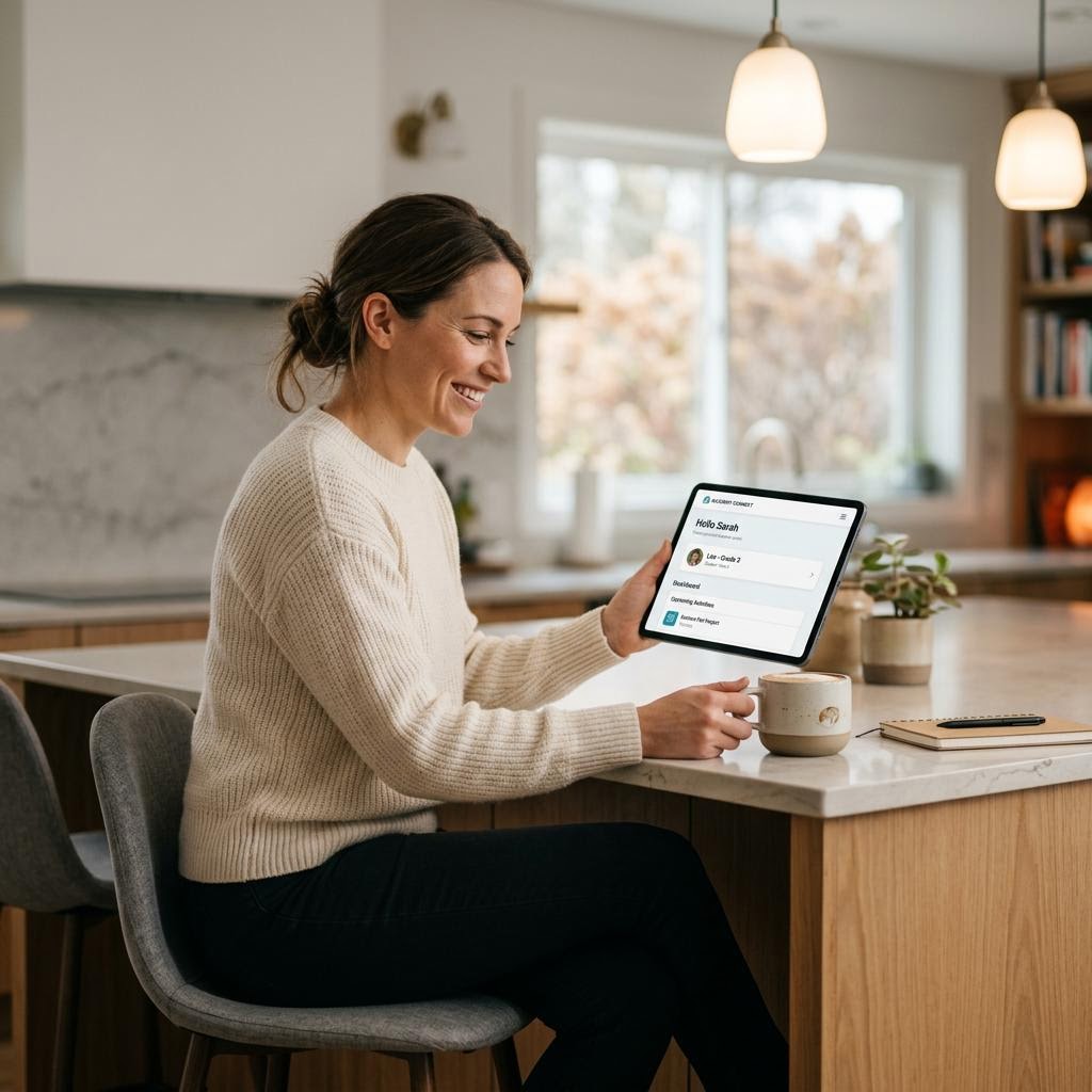 A parent at her kitchen counter, coffee beside her, reading an answer on her tablet.